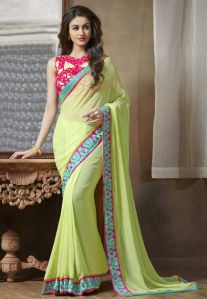 DESIGNER EMBROIDERED NEON GREEN FAUX GEORGETTE PARTY WEAR SAREE