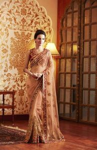 DESIGNER EMBROIDERED ORANGE NET PARTY WEAR SAREE