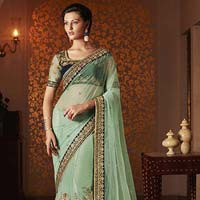 DESIGNER EMBROIDERED SEA GREEN NET PARTY WEAR SAREE