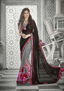 DESIGNER PRINTED BLACK & PINK GEORGETTE PARTY WEAR SAREE