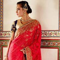 DESIGNER RED EMBROIDERED NET PARTY WEAR SAREE