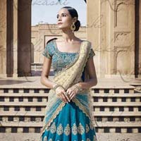 ETHNIC DESIGNER EMBROIDERED BEIGE & FIROZI PARTY WEAR LEHENGA