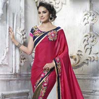 ETHNIC DESIGNER EMBROIDERED FUCHSIA & FAWN COLOR PARTY WEAR SAREE