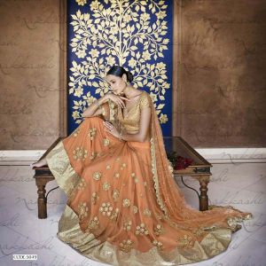 ETHNIC DESIGNER EMBROIDERED ORANGE NET BRIDAL LEHENGA