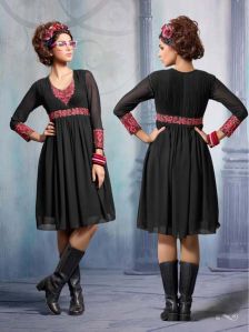 Black Colour Embroidered Georgette Stitched Kurti