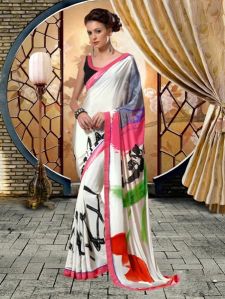 Off White & Pink Printed Saree