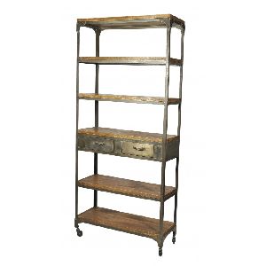 Industrial Bookshelf with Metal Drawers