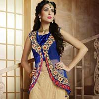 Designer beige and blue Lehenga Choli with Fancy velvet jecket