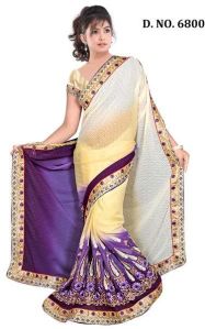 Designer cream and purple georgette buttiwork fancy saree