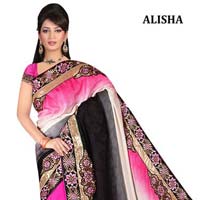 Designer fancy pink and black georgette party wear saree