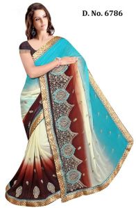 Designer sky blue and brawn chiffon party wear saree