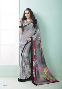 Fibers Dark Cyan Color Printed Crepe Silk Saree