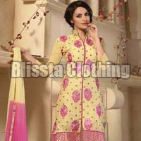 Cream & Pink Chanderi Embroidered Suit