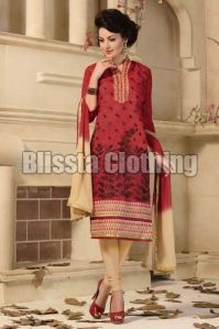 Red Chanderi Embroidered Suit