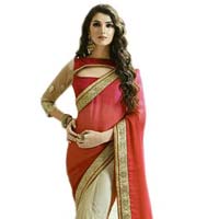 Designer saree in chiffon in Red with diamonds and net border with designer blouse piece