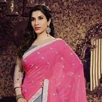 Stylish georgette designer saree with Grey and pink color - 9377