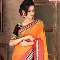Stylish georgette designer saree with Orange and black color - 9273