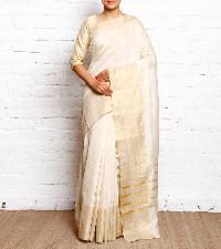 Handwoven off white n gold zari tussar silk saree