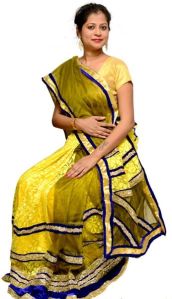 Light Yellow Brasoonet With Mahendi Fancy Net Saree