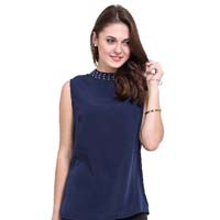 Women  Solid Colour High Neck Sleeveless Ladies Tops