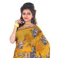 Yellow Coloured Marble Chiffon Floral Print Saree