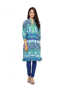 Blue and Turquoise Cotton Graphic Print Kurti