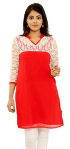 Net Red Cotton Unstitched Kurti