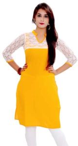 Plain Yellow Cotton Unstitched Kurti