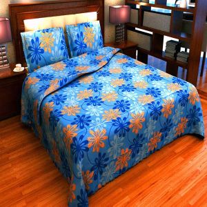 Factorywala Cotton Floral Print Blue Colour Double BedSheet