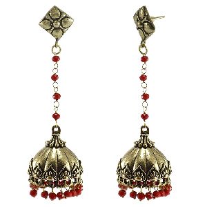 Red Crystal Facetes Handmade Oxidized Antique Studs Jhumki