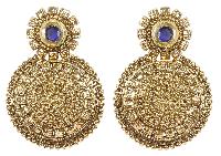 Indian Beautiful Antique Gold Polished With Blue Crystal Round Shape Earrings