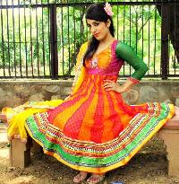 Orange Net Anarkali Suit