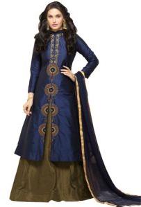 Dark Blue & Dark Olive Glace Cotton Indo Western Lehenga Suits