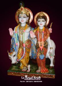 White Marble Radha Krishna Statues with Cow