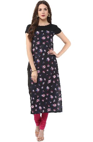 Janasya Women's Black & Pink Printed Crepe Stitched Kurti