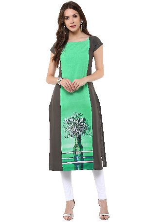 Janasya Women's Green Digital Printed Crepe Kurti