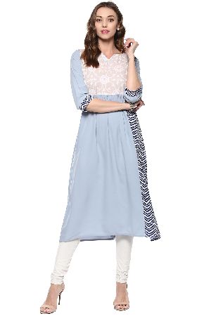 Janasya Women's Light Blue Printed Crepe A-Line Kurti