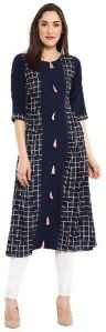 Janasya Women's Navy Blue Printed Crepe A-Line Kurti