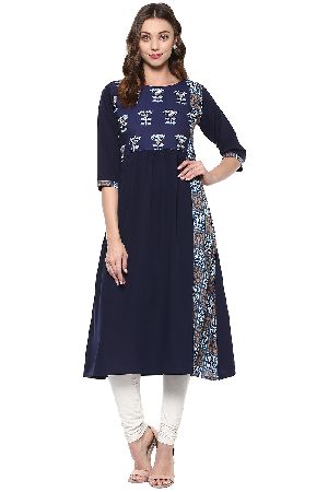 Janasya Women's Navy Blue Printed Crepe A-Line Kurti