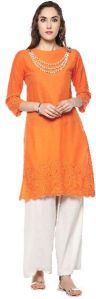 Janasya Women's Orange Thread Work Cotton Straight Kurti