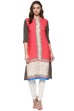 Janasya Women's Pink Printed Crepe Straight Kurti