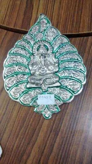 Ganesh On Silver & Green Leaf Statue