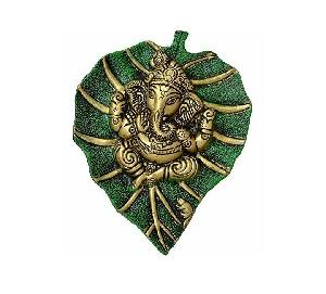 Ganesh On Golden & Green Leaf Statue