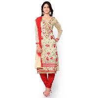 Ladies Flavour Cream Chanderi Embroidered Semi Stitiched salwar Suit