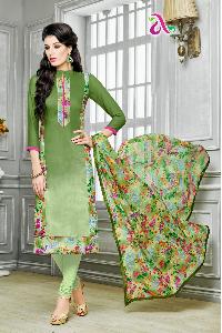 Ladies Flavour Green Chanderi Cotton Embroidered Unstitched Dress Material