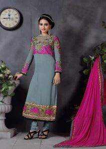 Ladies Flavour Grey Chanderi Embroidered Semi Stitiched salwar Suit