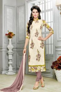 Ladies Flavour Light Begie Chanderi Cotton Embroidered Unstitched Dress material