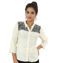 Off-White Embroidered Collar Neck Viscose Casual Women's Shirt