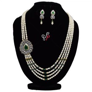 Designer Pearl Necklace in Shiny White Oval Pearls and Emerald Pendant