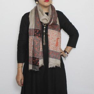 Grey Orange Hand Embroidered Pashmina Stole